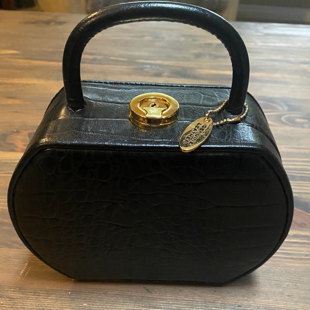WOLF Black Croc-Embossed Mini Top Handle Bag with Gold Hardware